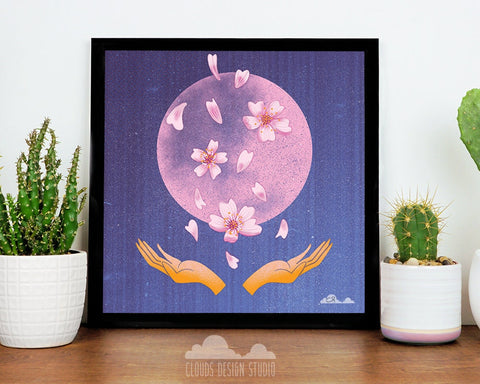 Pink Full Moon with Cherry Blossom  8x8 Print