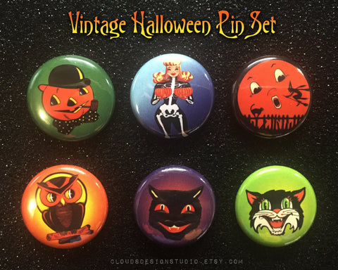 Cutesy Vintage Halloween Everyday 6-piece Pin Set - 1" Pinback Buttons